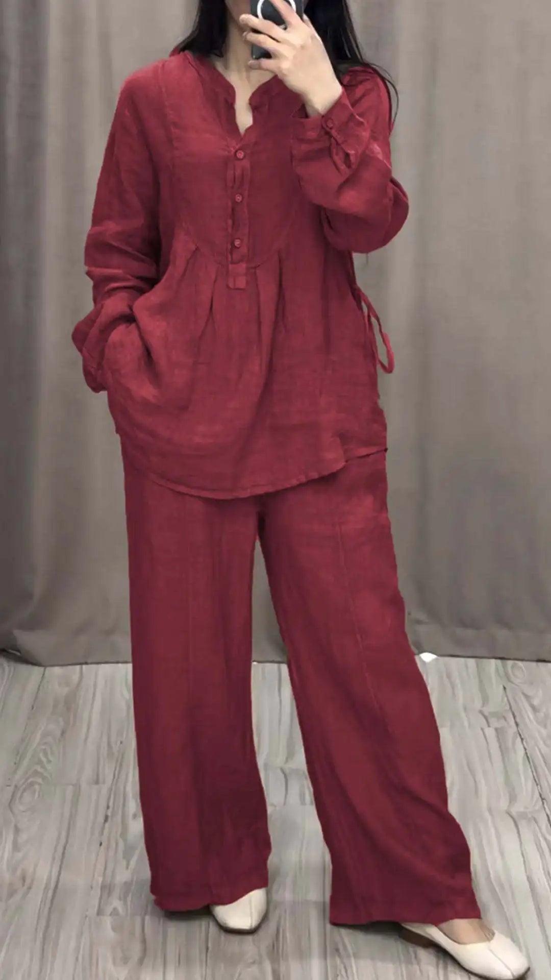 Conjunto de Algodão Linho Vanessa Vermelho Borgonha Vinho